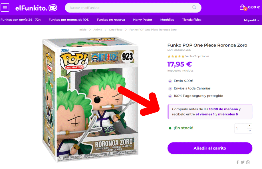 Tiempo de Entrega estimada en pagina de producto